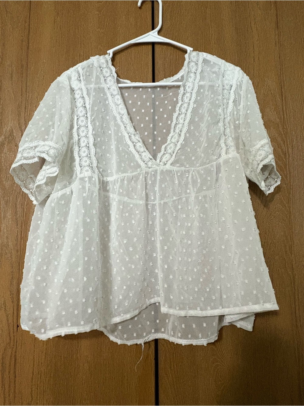 Women's White Swiss Dot Lace Trim V-Neck Blouse